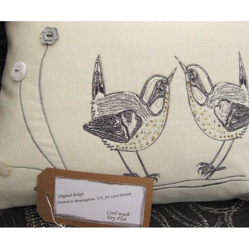 Pillow Cushion - Birds Grey White -Original Design - Hand and Free Machine Embroidery