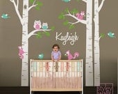 Wall Decal Kids Personalized Birch Trees Nursery Wall Decal Forest Animals Owsl Squirrels Birds Baby Room Art Decor