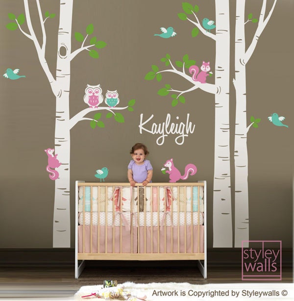 Wall Decal Kids Personalized Birch Trees Nursery Wall Decal Forest Animals Owsl Squirrels Birds Baby Room Art Decor
