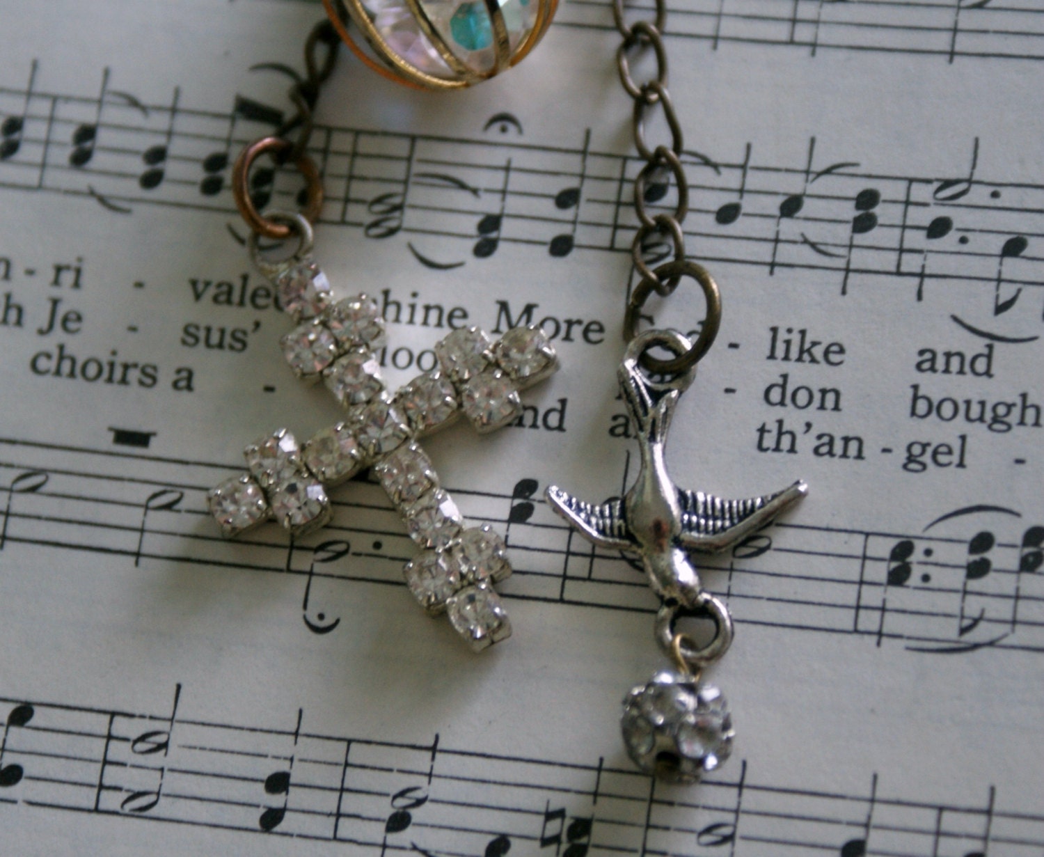Vintage Rhinestone Cross and Silver Bird Charm Necklace