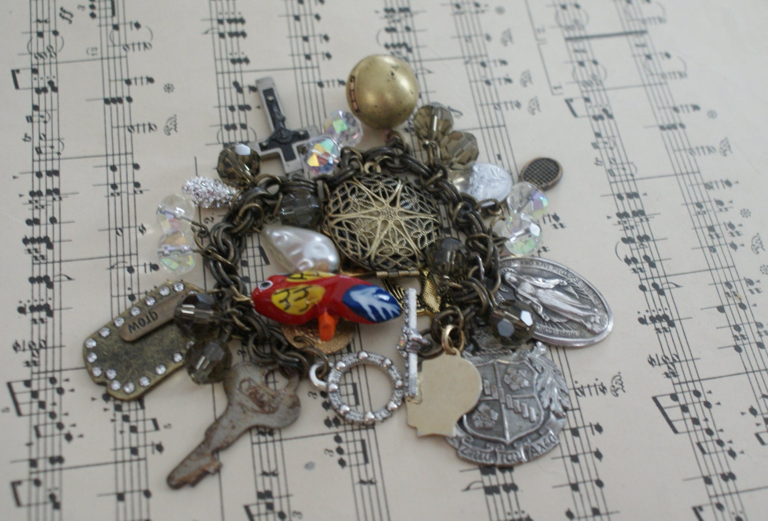 Vintage Antique Brass Charm Bracelet with medals, lockets, key, boy silhouette, parrot, ZTA crest charms