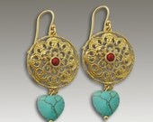 24k gold plated chandelier round earrings with turquoise stones and coral stones. - Frida Earrings