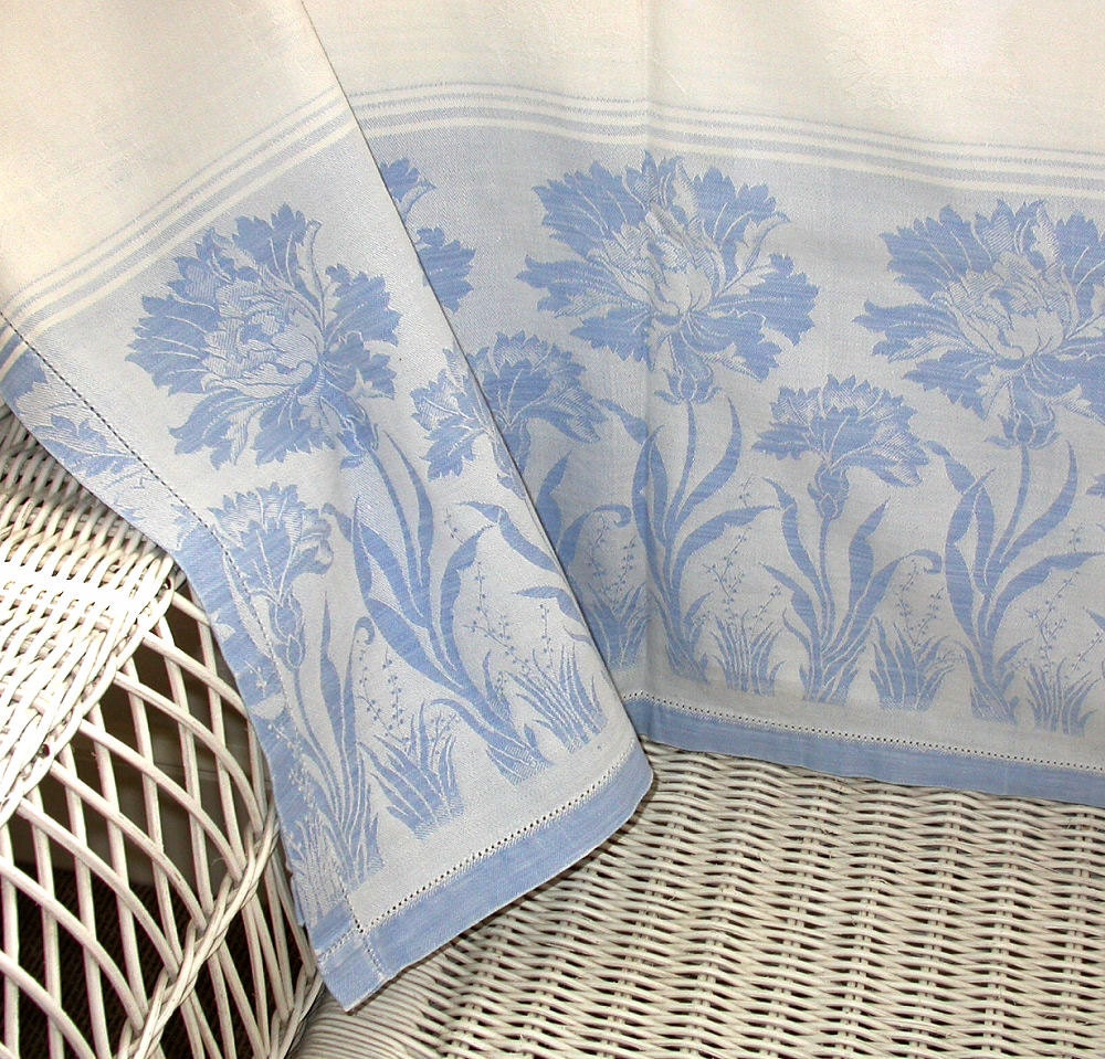 Vintage Damask Tablecloth Carnations Blue on by
