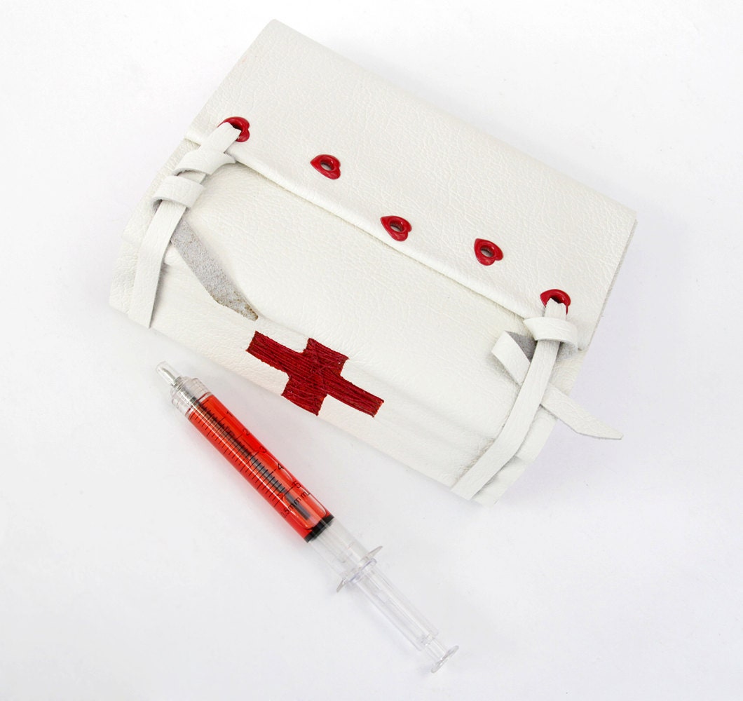 Red cross journal, medical notebook, syringe pen, leather sketchbook, matching set