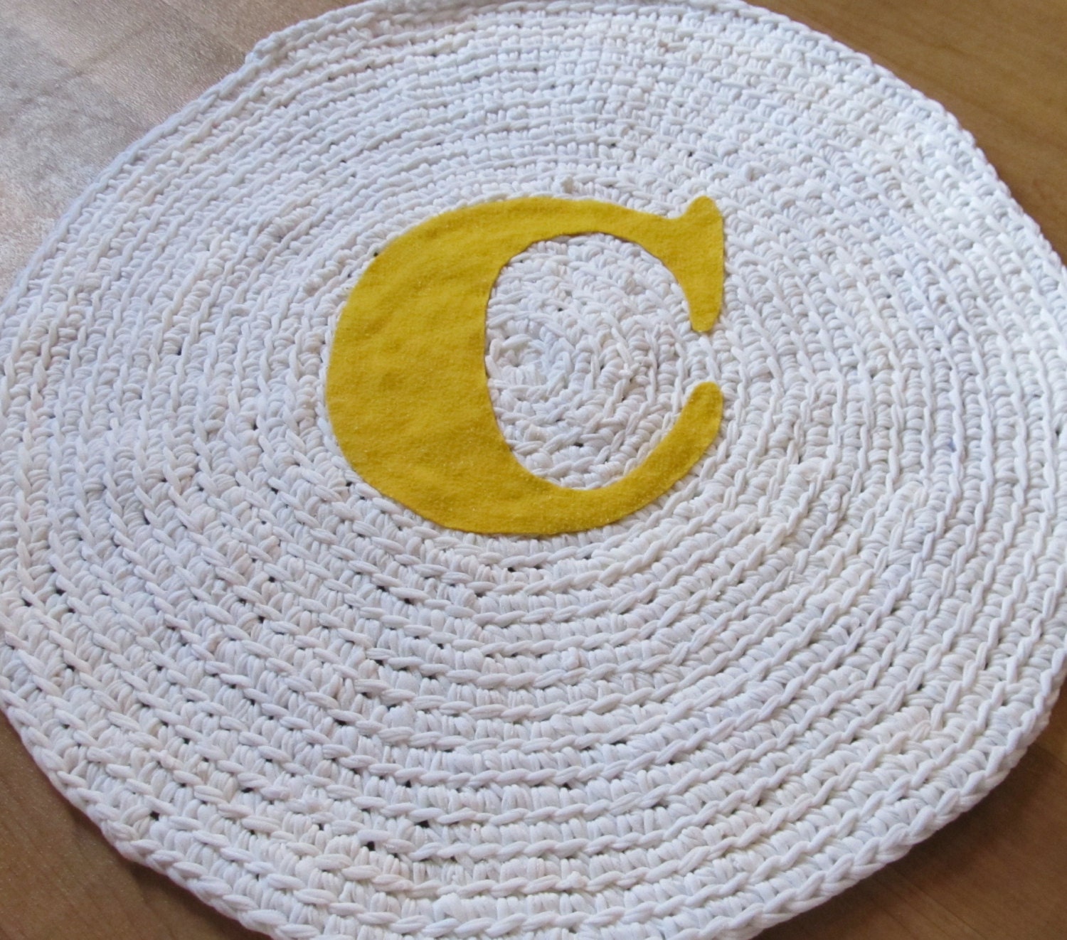 OOAK  Crochet Round  Rug. Upcycled Rug. Monogram Rug. Nursery Rug.  24 inch 2 foot rug. Made to Order.