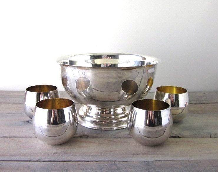 Silver Plate Footed Punch Bowl with Removable Stand and 4 Punch Cups by Sheridan