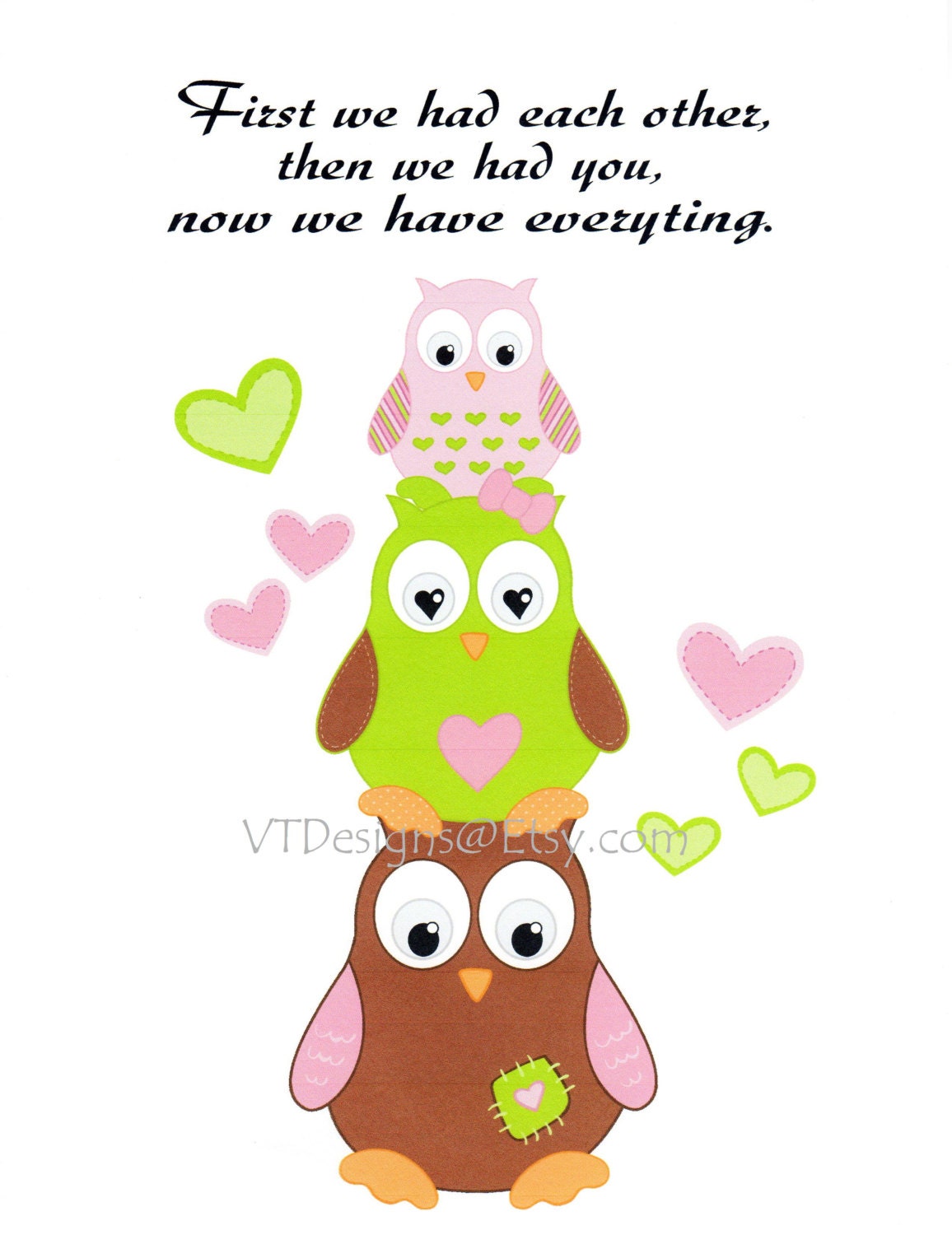 Nursery Art Decor, Baby Room Decor, Kids Wall Art, Owls, Children Art, Verse, Girls, Pink, First we had each other..., 8x10 Print