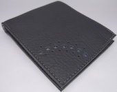 Grey leather wallet with light blue check lining