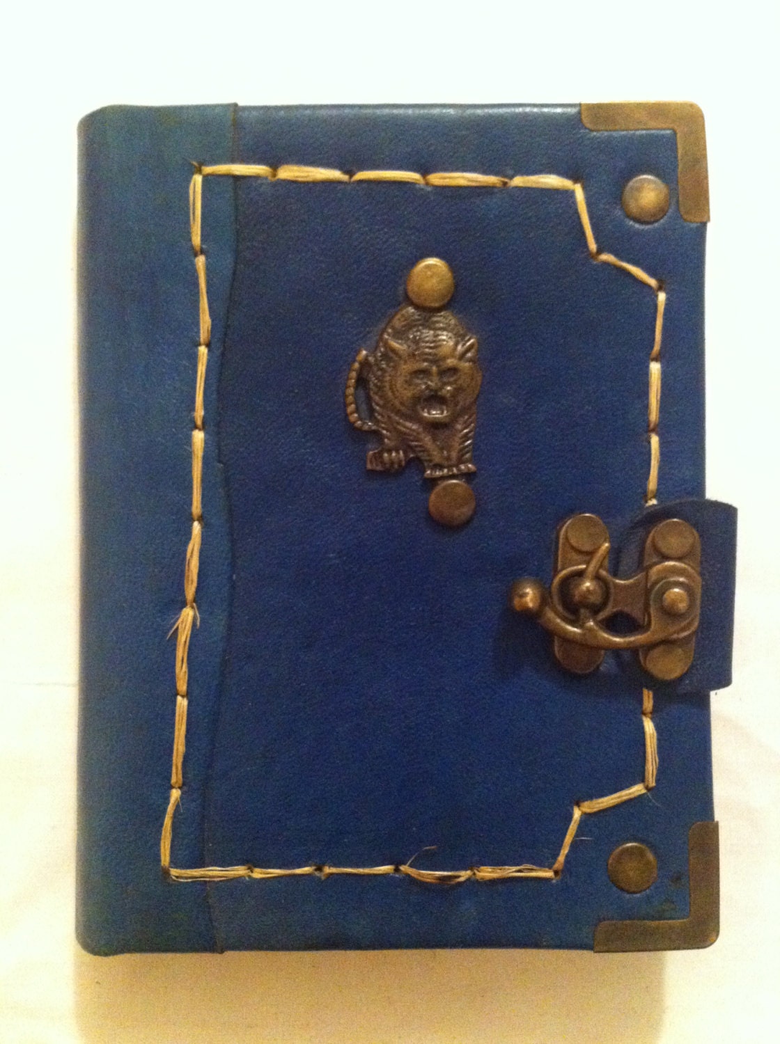 Handmade antique bronze tiger blue leather journal notebook sketchbook
