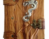 Handmade silver toned Chinese dragon rustic brown leather journal notebook sketchbook