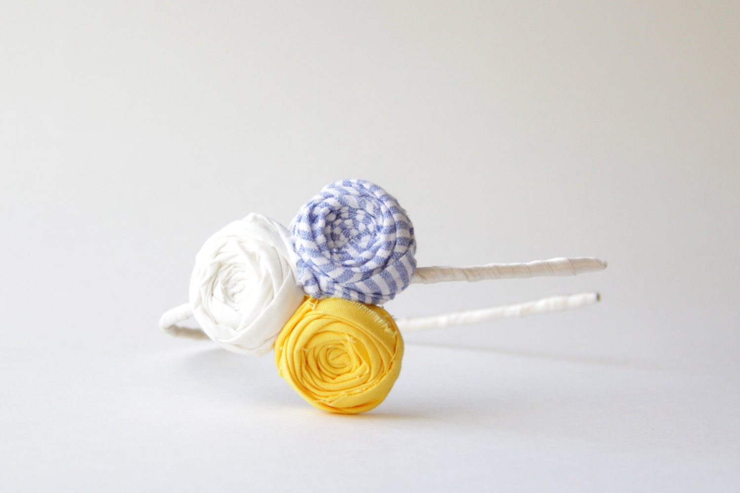 SALE Rosette Headband Cotton Flowers and Seersucker Blue and White Summer Stripe Headband