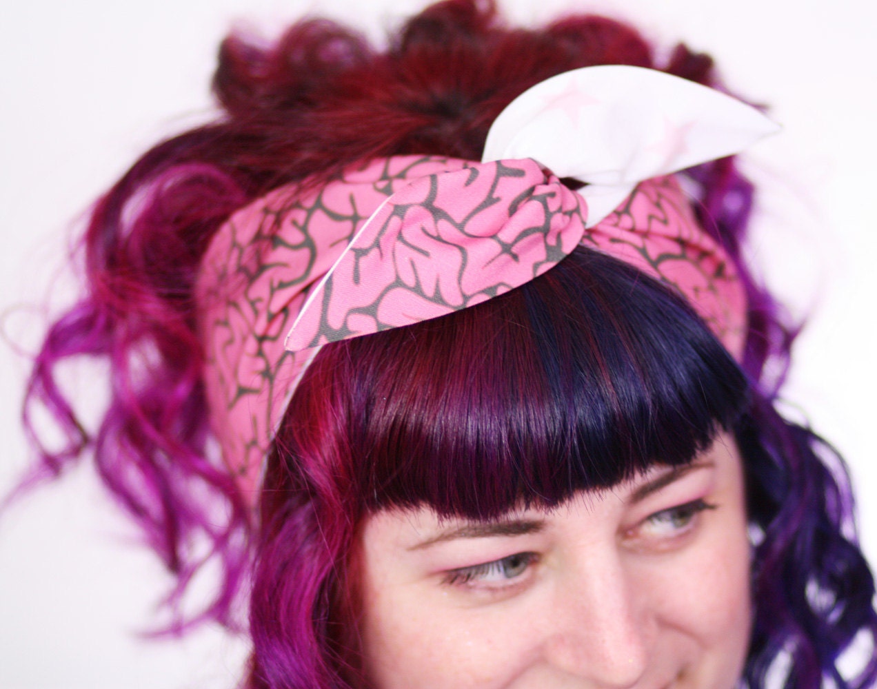 Reversible Wired Bow Headband, Pink Brains and White with Pale Pink Stars