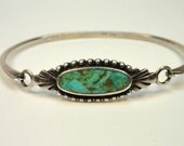 Vintage BOMA 925 Sterling and Turquoise Bangle Bracelet, Self Hook Clasp, Thin Band, Vintage Jewelry