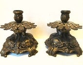 Victorian Style Footed Cast Metal Candle Holders, Brass Color, Vintage Home Decor