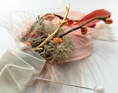 VALENCIA Feather Boutonniere in Blush and Coral with Grey Moss, Ivory Ribbon, Orange Berries and Gold Branch