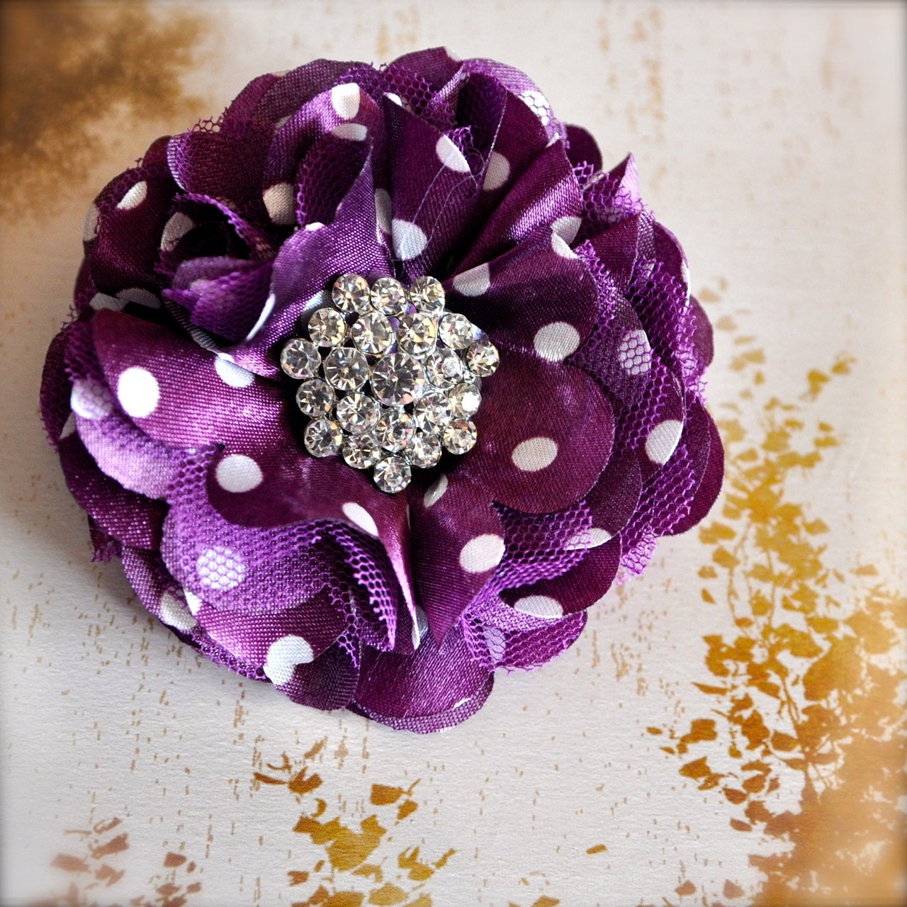 Tulle and satin flower clip  with rhinestones in plum polka dot, ivory, rose, peach, black, eggplant, brown, navy, teal. Wedding accessory