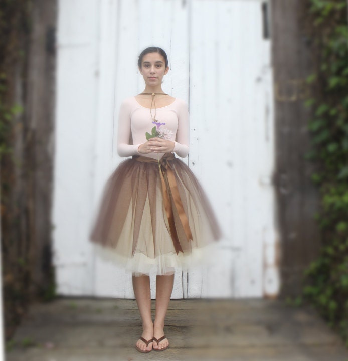 Brown and ivory tulle skirt for women. Chocolate brown satin ribbon waist. Summer elegance.