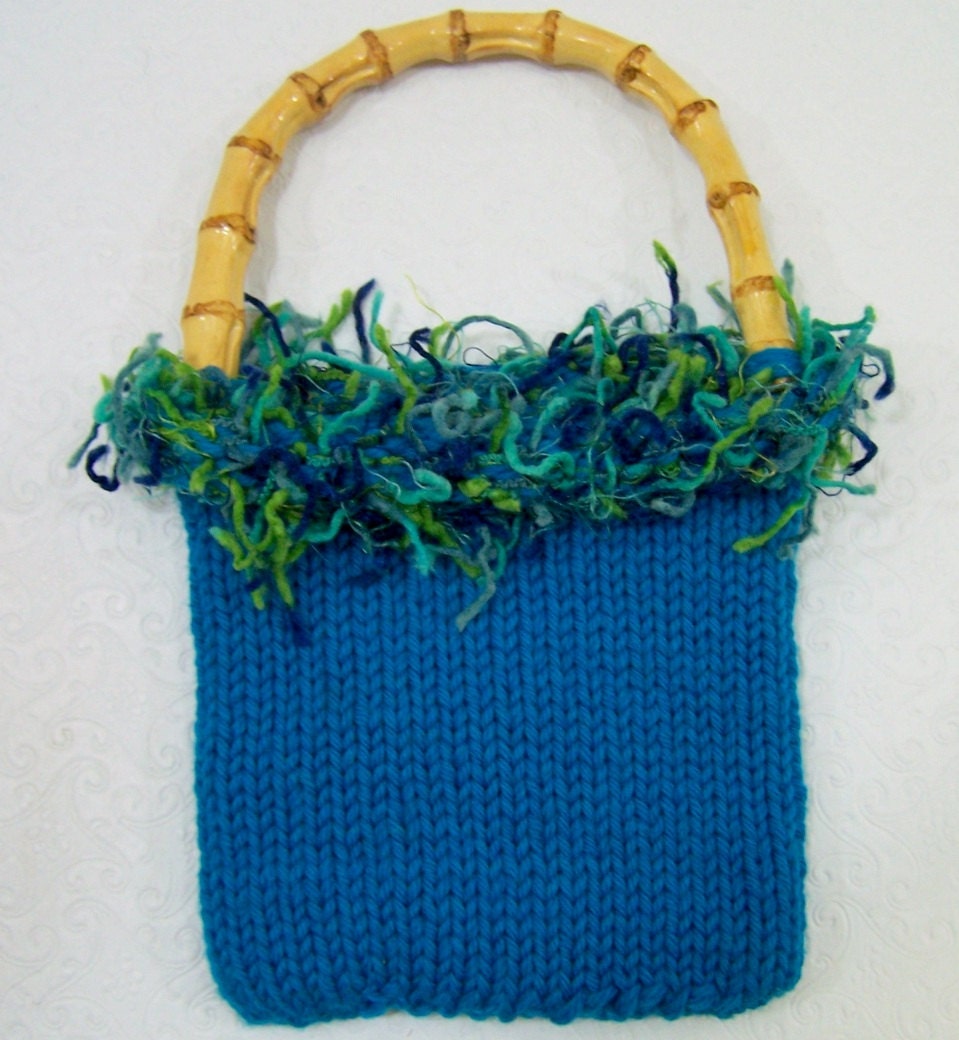 Small Knit Purse, Hand Knit Handbag, Wristlet, Aquamarine Blue With Bamboo Handle