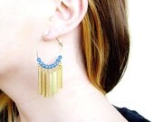 SUMMER SALE Gold Hoop Fringe Earrings, Blue Jade Earrings, Boho Hoop Handmade Earrings