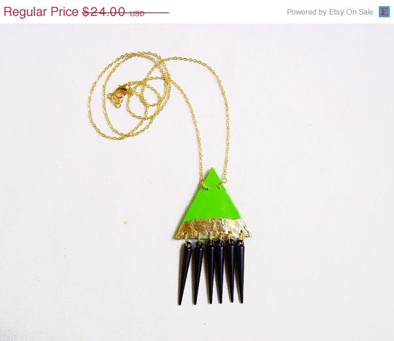 SUMMER SALE Neon Green Moon Necklace, Triangle Geometric Gold Gilded Clay Pendant, Pink Spikes - LUNAR //Solar Collection