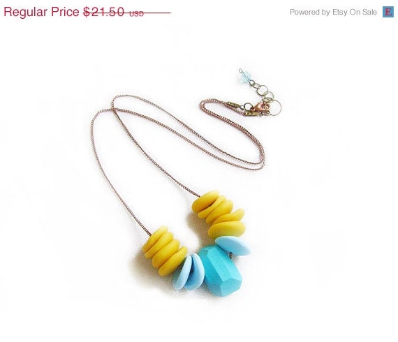 SUMMER SALE Blue-Yellow Geometric  Necklace -  Color Blocking Handmade Polymer Clay Beaded Necklace