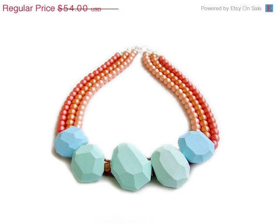 SUMMER SALE Geometric Statement Necklace, Mint Peach Blue Necklace, Handmade Polymer Clay Statement Necklace