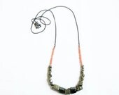 SUMMER SALE Raw Pyrite Pink Coral Necklace - Semiprecious Stone Skinny Long Necklace - Primitive Organics Collection
