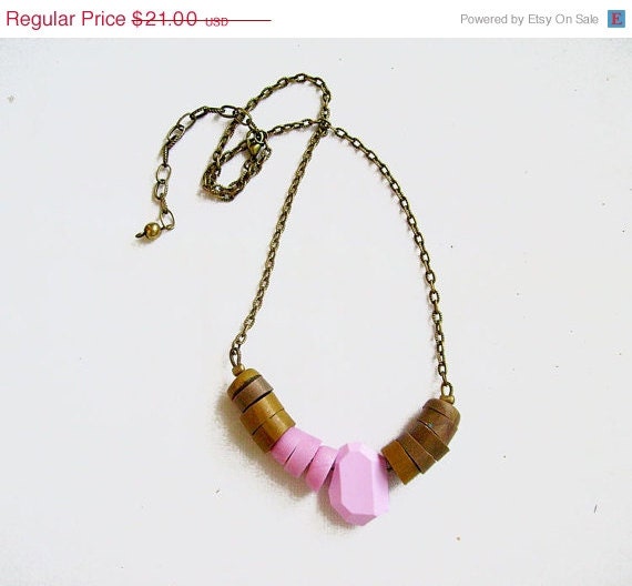 SUMMER SALE Geometric Stripes Nugget Necklace - Dusty Rose and Baked Bronze - Color Block Polymer Clay Handmade Necklace