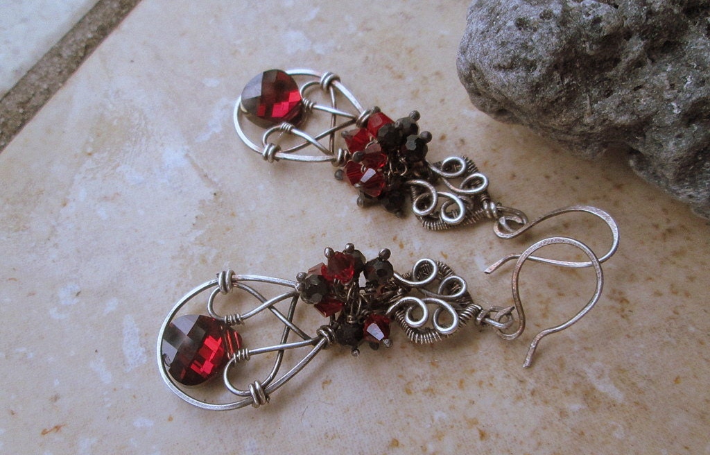 red crystal earrings  in sterling silver