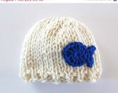 Sale Newborn knit hat with crochet fish, newborn knit hat, baby knit hat, animal hat, ivory, blue - pick color and size