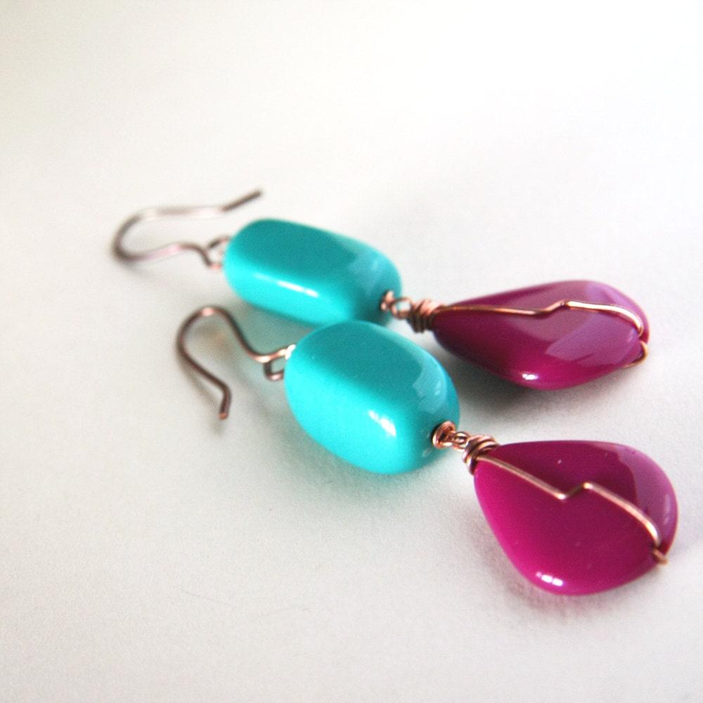 teal and plum earrings in copper - colorful 80s inspiration