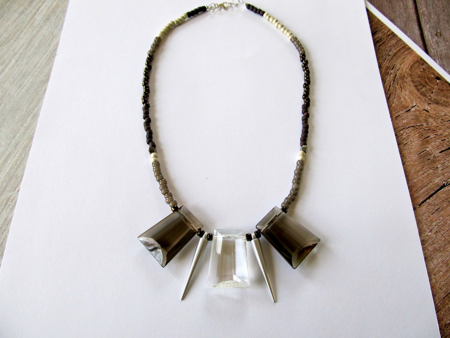 Beaded glass statement necklace, smokey glass and seed bead necklace, bold statement