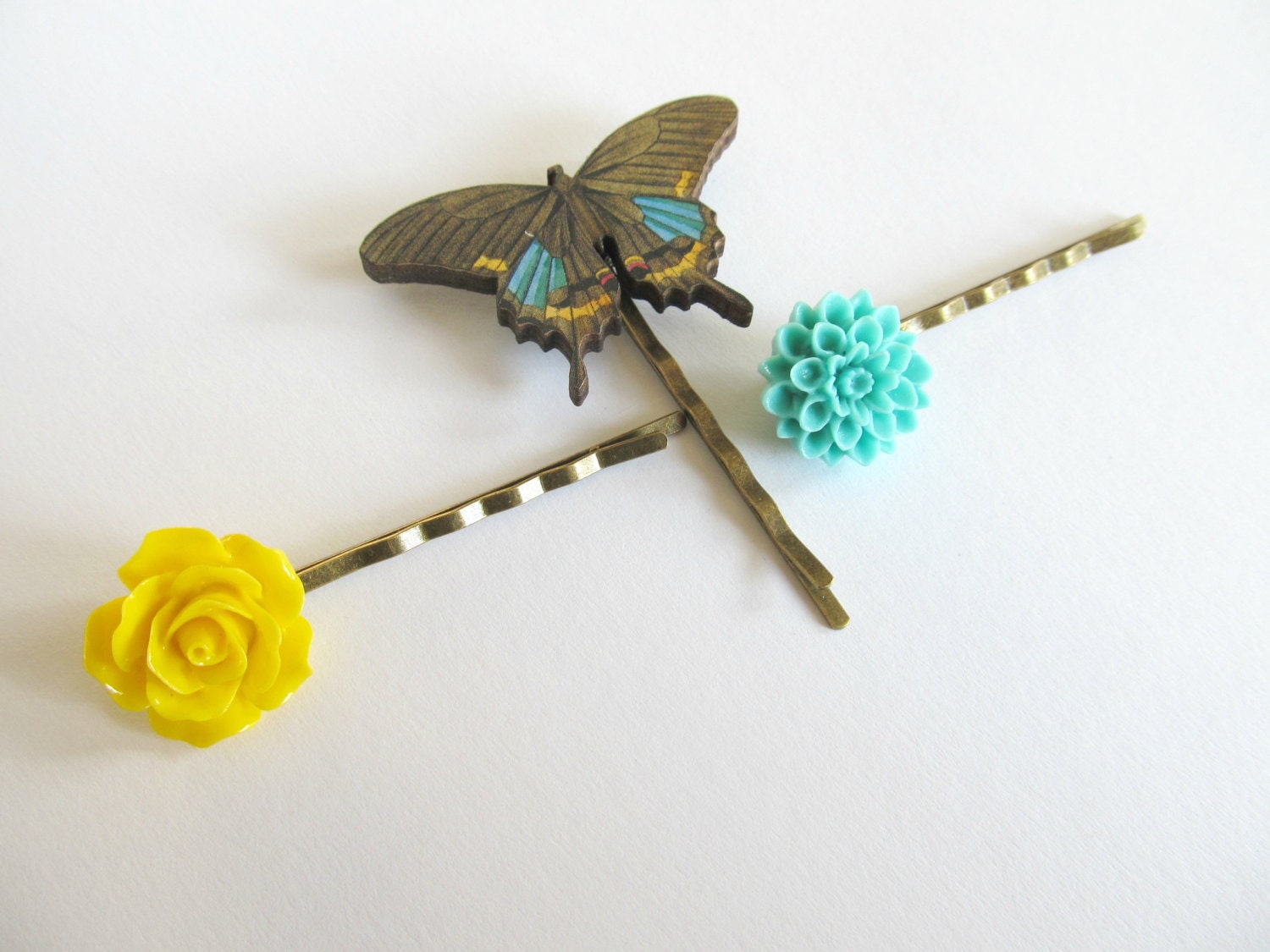 Three vintage botanical inspired hair pins, flowers and butterfly bobby pins, woodland, country bride, bohemain