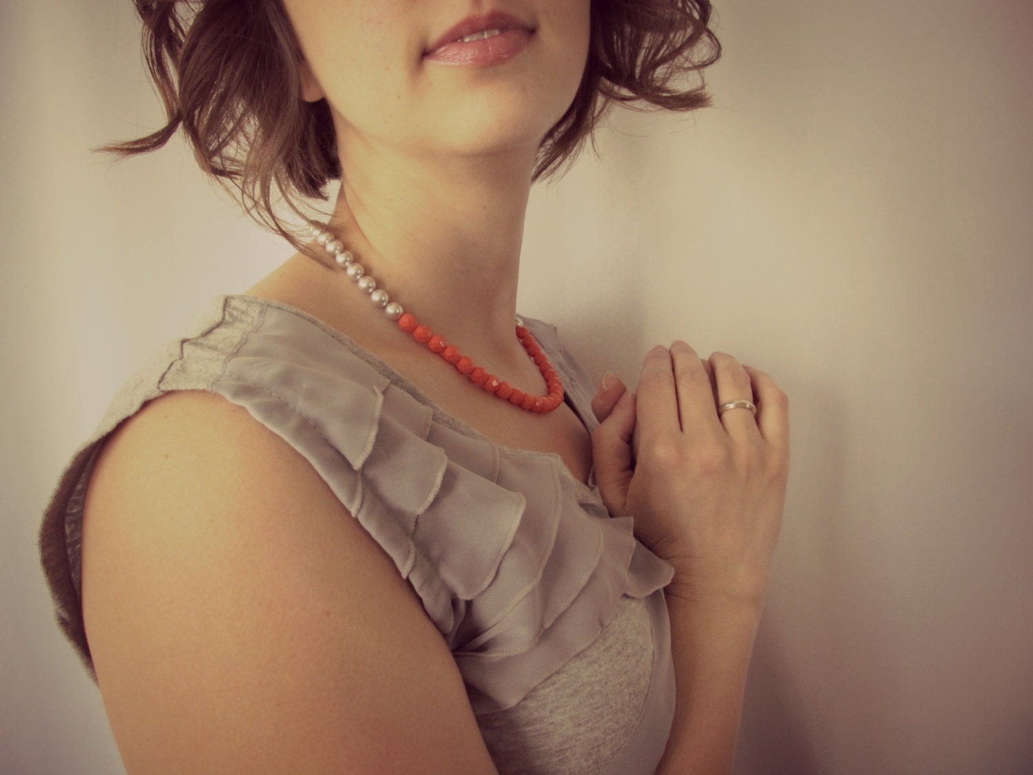 Simple beaded strand necklace - tangerine orange vintage czech glass with Swarovski pearls Pantone 2012 Tangerine Tango