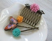 Flower and butterfly hair accessories, bobby pins and comb gift set, teal, pink, raspberry, flower hair pins, flower bobby pins