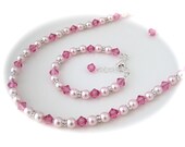 Pearl bridesmaid necklace and earrings, wedding jewelry set, pink pearl flower girl bracelet and earrings with Swarovski pearls and crystals