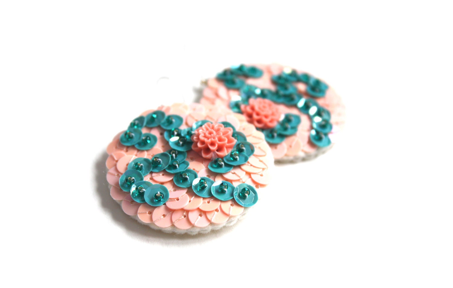 Floral Earrings Teal Peach sequins felt Spring blossom