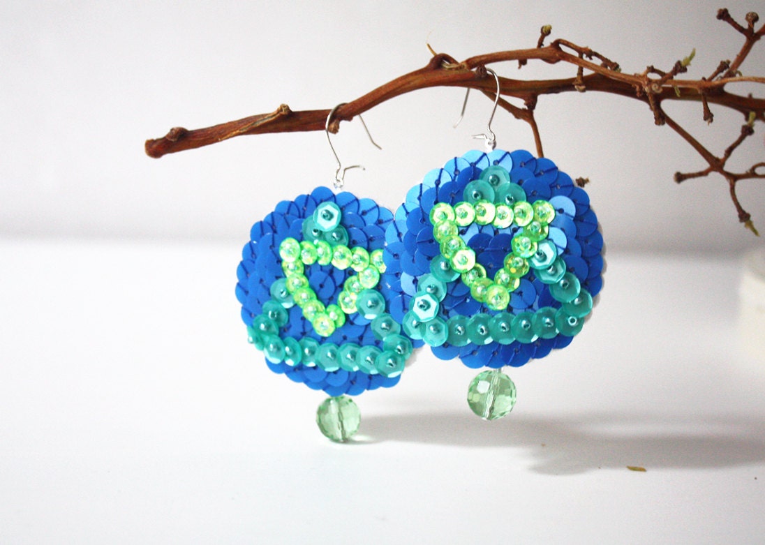 Triangle Earrings Blue Sea Green Sequin felt Drop