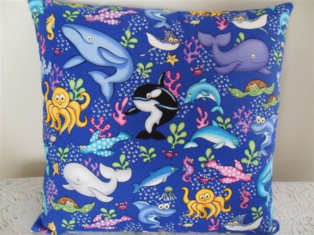 Pillow Cover - 16 x 16 - Ocean - Sea Life -  Dolpins - Whales - Jelly Fish - Sea Turtles - Sting Rays - Felt -  Zipper
