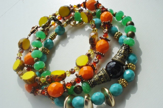 Bohemian Jewelry, Stacking bracelet, Bohemian bracelets, Bracelet set, orange, yellow, turquoise, colorful, boho, gypsy jewelry