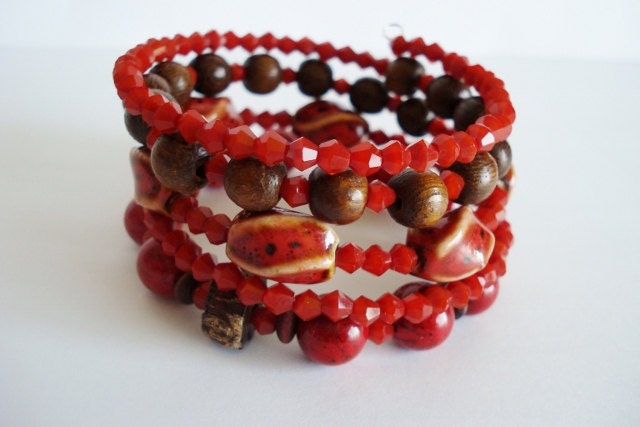Wrap Bracelet, stack bracelet, Bohemian bracelet, red, brown, memory wire, boho, bohemian jewelry, gypsy jewelry
