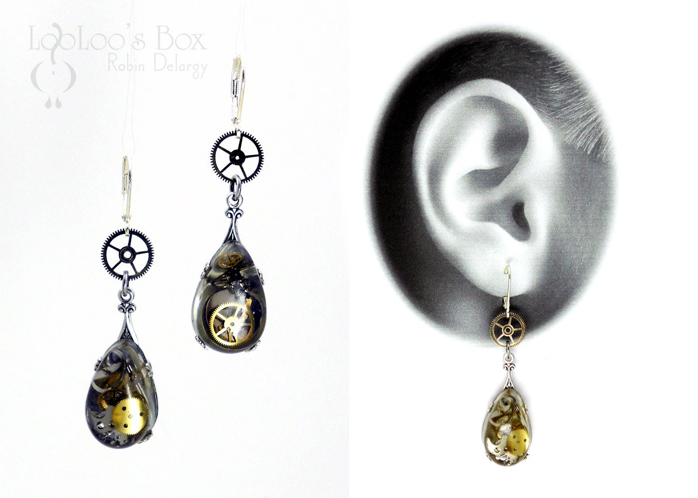 STEAMPUNK Earrings Gearrings Resin Teardrops w/ Gears Watch Bits Silver Plated Brass E0637 by Robin Delargy LooLoo's Box Handcrafted Jewelry
