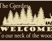 Welcome to our neck of the woods, Custom Country Swamp Family Name Sign 12x18, Hunting, Deer Camp