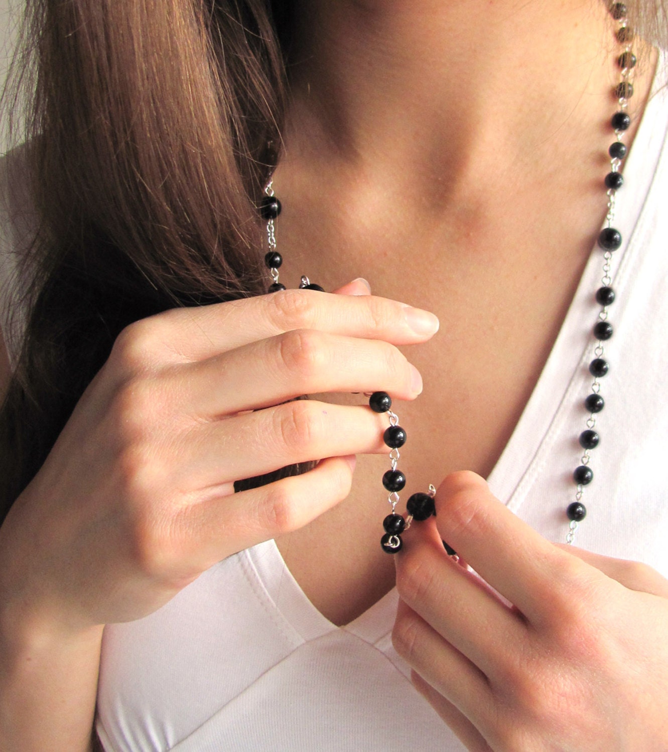 Black Rosary Necklace,  Meditation Beads, Necklace Strand in Black Onyx Gemstones and Sterling Silver