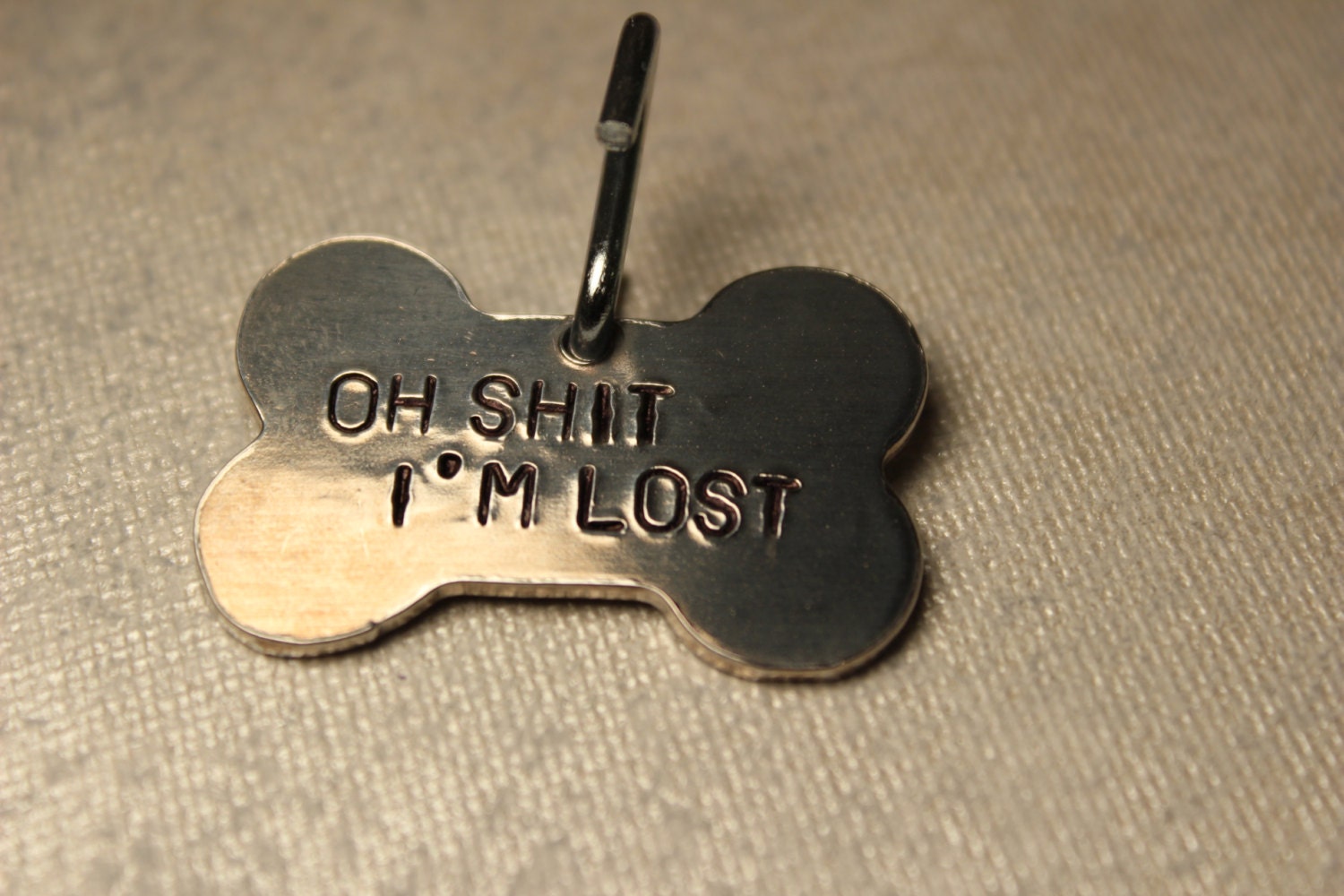 Pet ID Tag -  "oh shit, I'm lost" (Your phone on back) - Dog Bone Shape