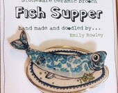 fish supper ceramic brooch