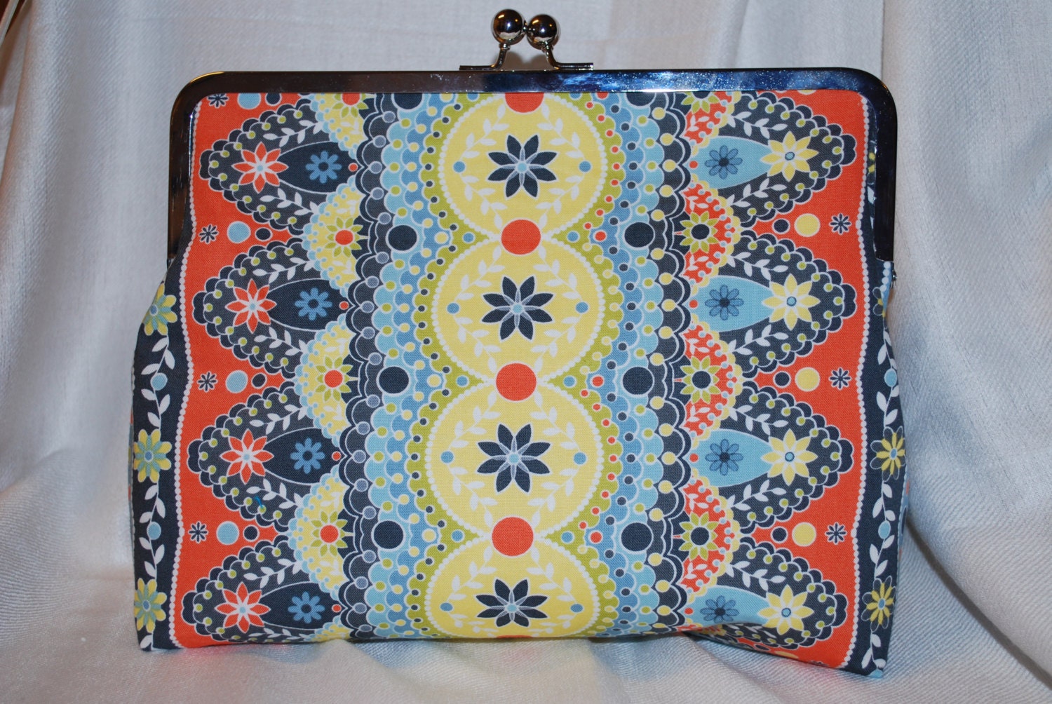 Orange, Yellow, Grey and Blue Whimsy Print Clutch Crossbody Handbag Grey Polk-a-dots Lining