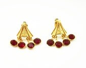 Vintage Celebrity Red Crystal Gold Tone Chandelier Style Earrings