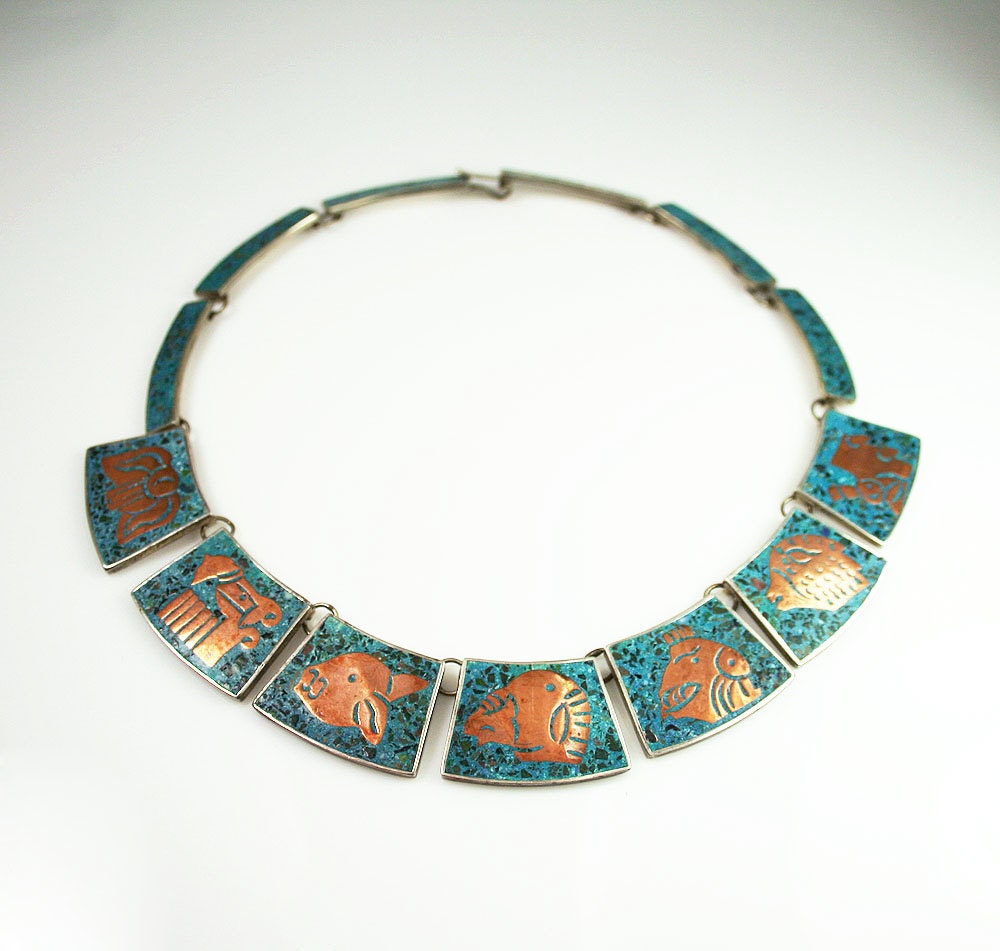 Vintage AEM Mexican Sterling Silver Turquoise Copper Aztec Style Necklace