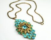 Antique Art Deco Aqua Blue Green Rhinestone Pendant Necklace